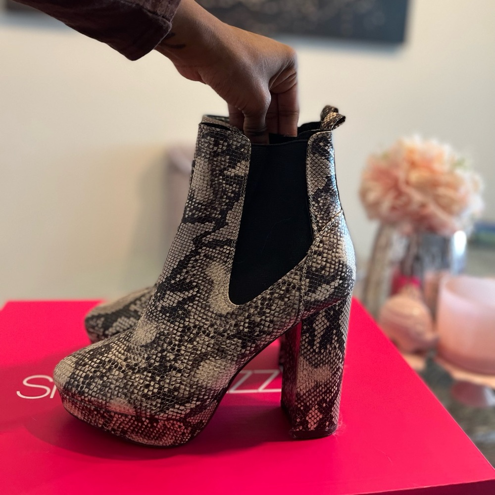 Faux snakeskin booties